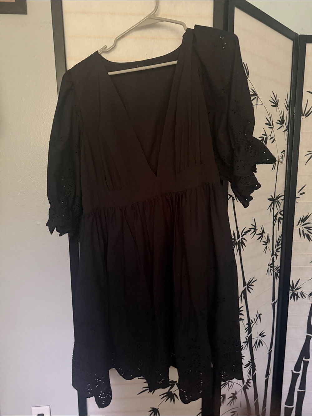 Black V-Neck Eyelet Mini Dress